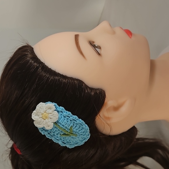 Hand Crafted Hand Knit Crochet Snap Hair Clip Blue with White Flower Boho Style - Picture 13 of 17